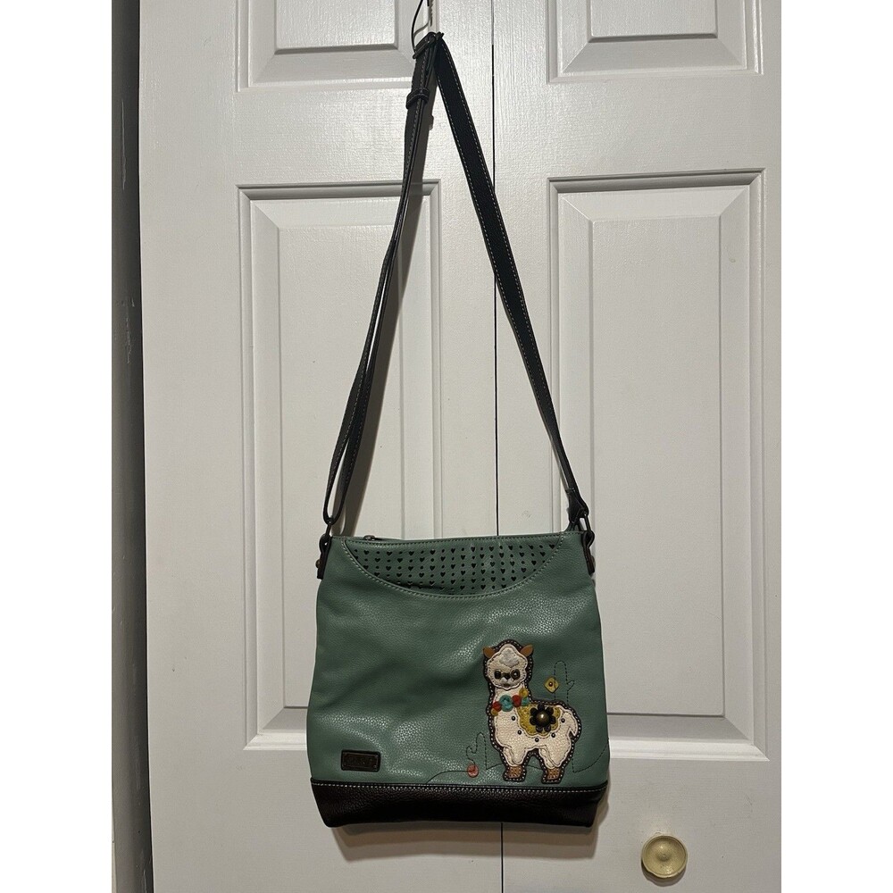 Chala Large Green Brown Pebbled Llama Applique Laser Cut Hearts Crossbody Bag